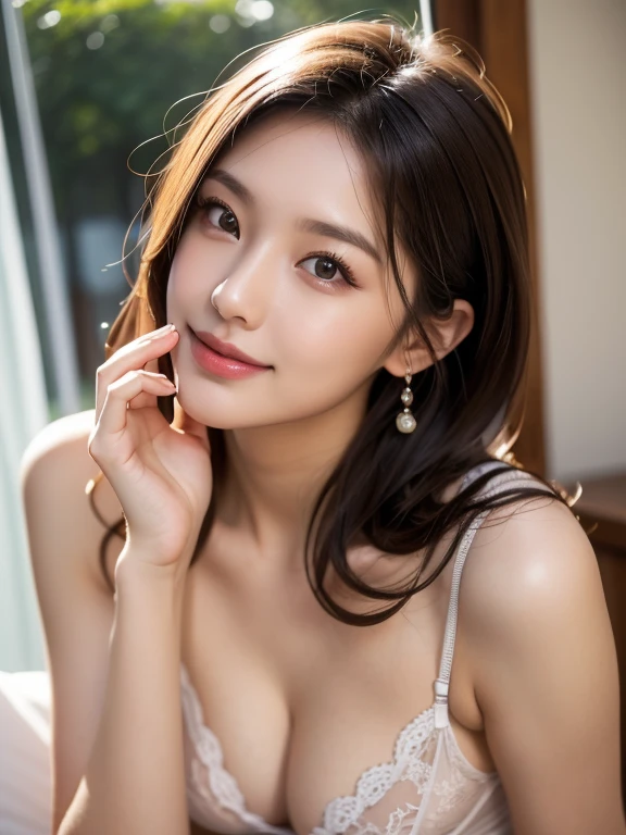 (Realistic, High image quality, RAW Photos), Beautiful Japanese Woman, Natural Light:1.3, Soft light, Beautiful Face, Happy Face, glamorous body, beautiful eyes, beautiful face line, beautiful nose line, Large Breasts:1.3, Brown eyes:1.2, Random Hairstyles, Beautifully designed lingerie, Random color lingerie, Dynamic pose, looking at viewer, dynamic angle, want to kiss, balcony，relax style, sweet kiss, small rips
