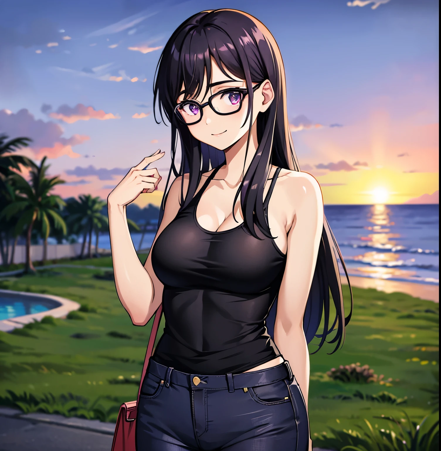 1girl,alone, hizuru minakata, long hair, black hair, black glasses, purple eyes, smiling, seductive, night, outdoors, beach, black tank top, cleavage, tight blue jeans, big breasts, medium waist, medium hips , wide thighs, looking at viewer, pov (from below), standing,