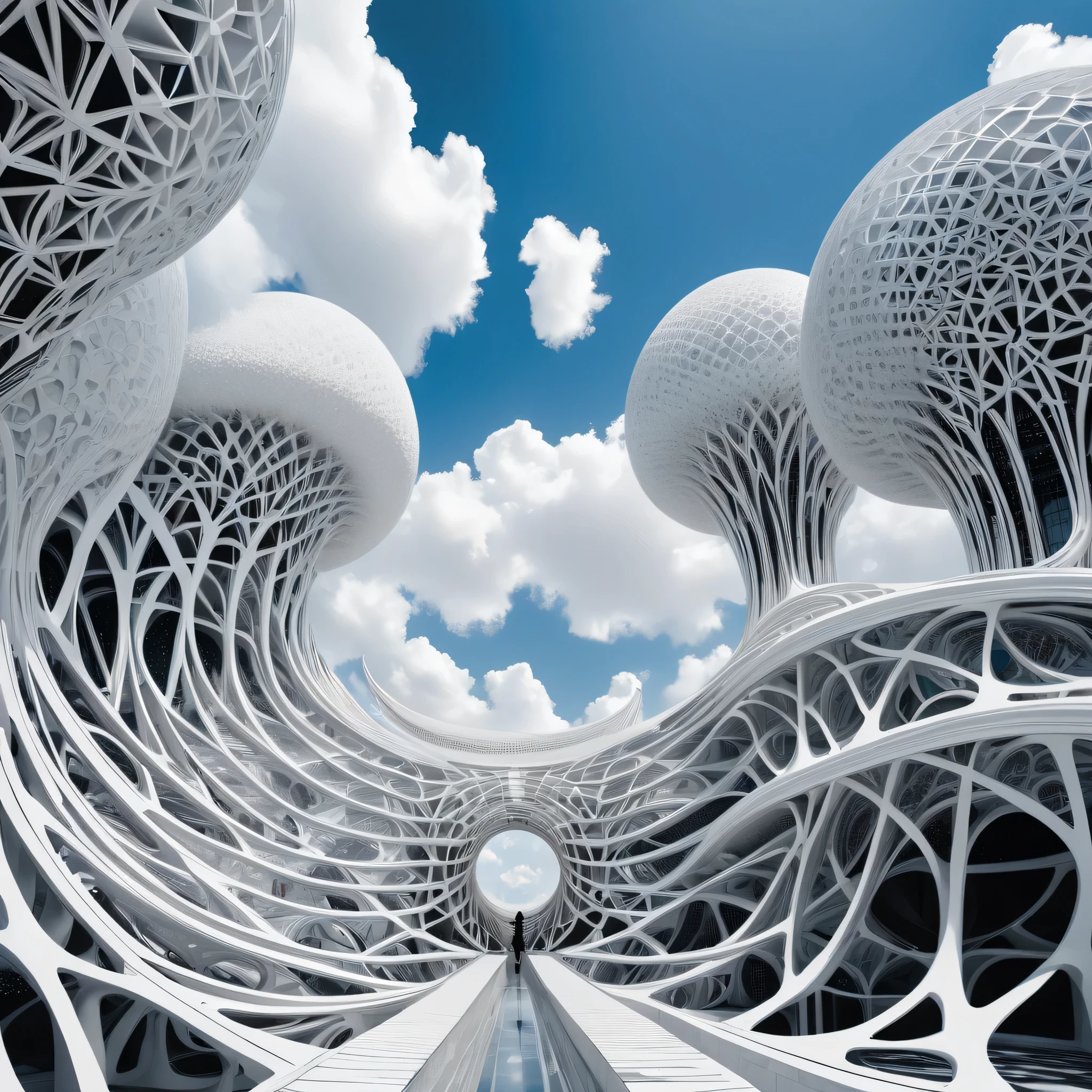 A vast dream like sky with mindboggling illusory structures. Primarily white and black.