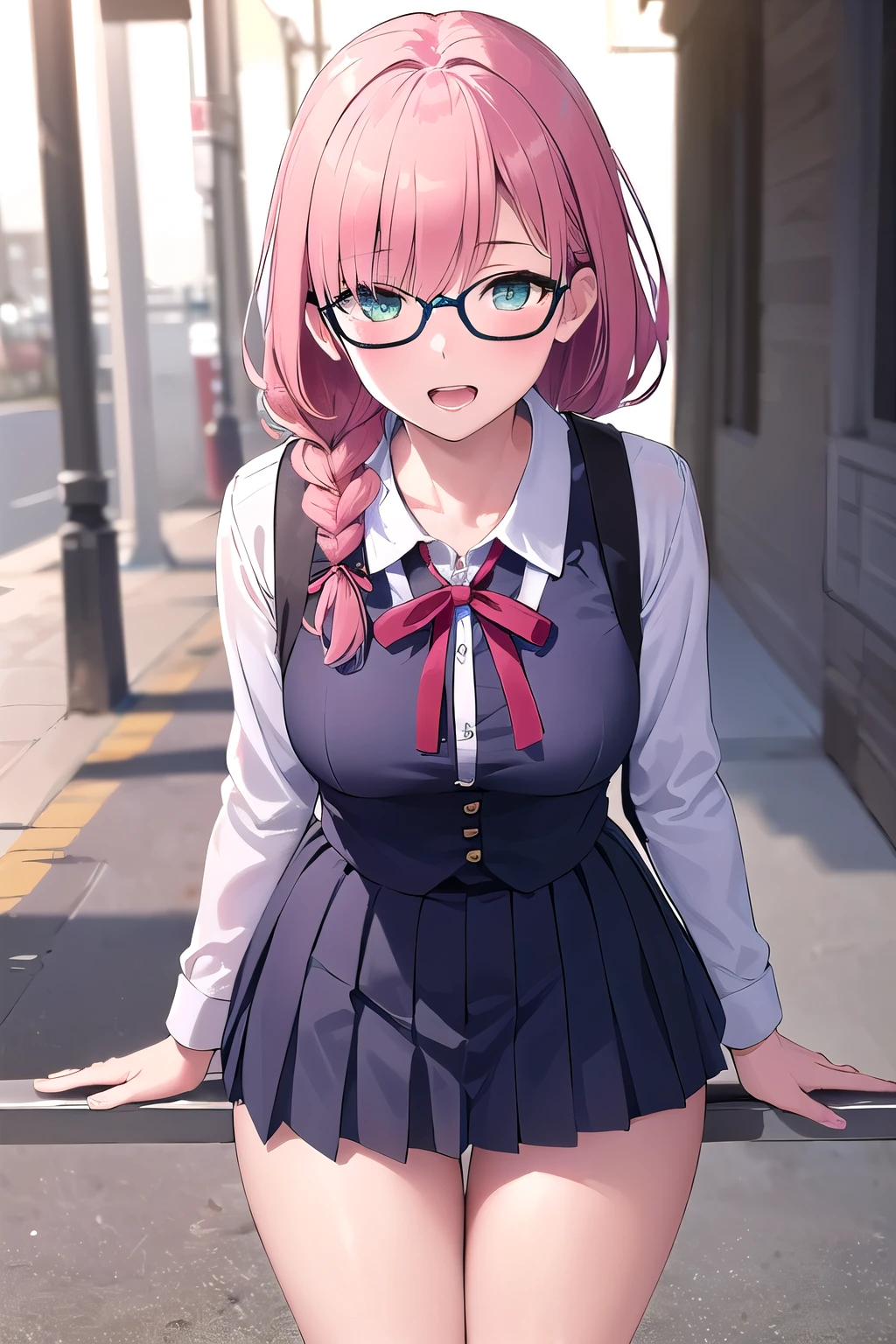 masterpiece, best quality, ultra detailed, hyper realistic, photo),delicate pattern, detailed background, uncensored completely, cowboy shot, japanese girl, class room,
school uniform, loose collar, skirt, looking over eyewear,
hair between eyes, pink hair
put up index finger and one hand on hip, angry with puffed cheeks,
from above, leaning forward,