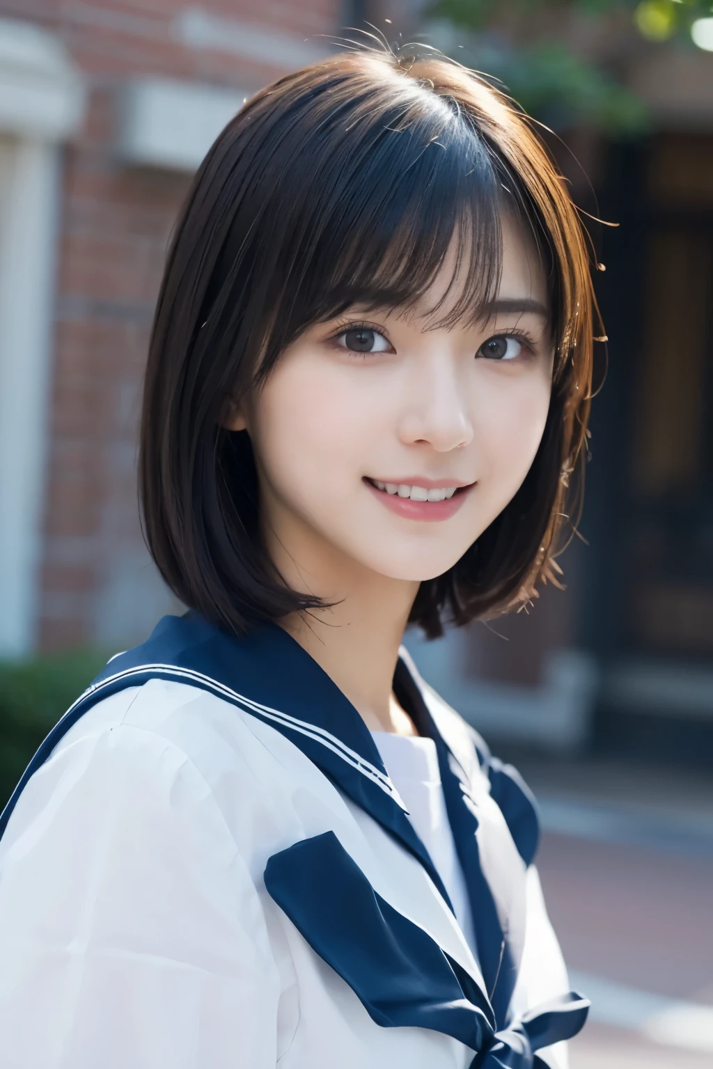 One Girl, ( sailor uniform in front of the school building),  Japanese high school girl, (RAW Photos,  best quality), (Realistic,  photorealistic:1.4), masterpiece,  extremely delicate and beautiful,  very detailed, 2k wallpaper, wonderful,  Detailed ,   very detailedCGユニティ8K壁紙, Super detailed,  High Resolution , Soft light,   beautiful girl with attention to detail  ,   very detailed目と顔, beautiful detailed nose,  beautiful detailed eyes,  short hair, 
bangs, Elegant rounded bob , Cinema Lighting, I'm wearing a ,  Perfect Anatomy, Slender body, smile