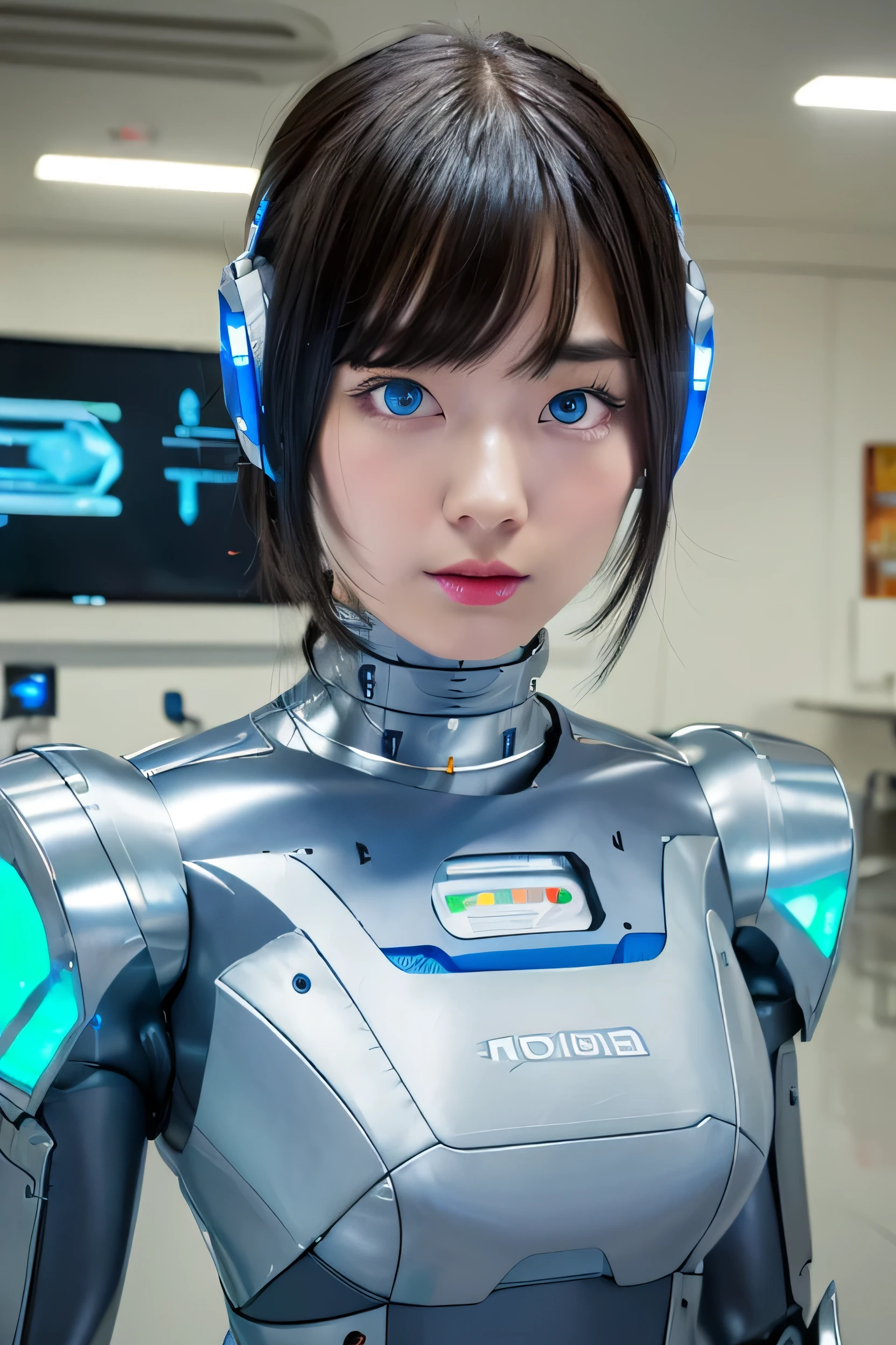 masterpiece, best quality, extremely detailed,  Japaese android girl,Plump , control panels,android,Droid,Mechanical Hand, Robot arms and legs, Black Robot Parts,Black hair,Mechanical body,Blunt bangs,White robotics parts,perfect robot girl,future information counter,reception,long tube,thick cable connected her neck,ceramic body ,mechanical body,mechanical costume,android,robot,humanoid,cyborg,information office,japanese android receptionist ,mechanical chest,blue eyes,office-lady