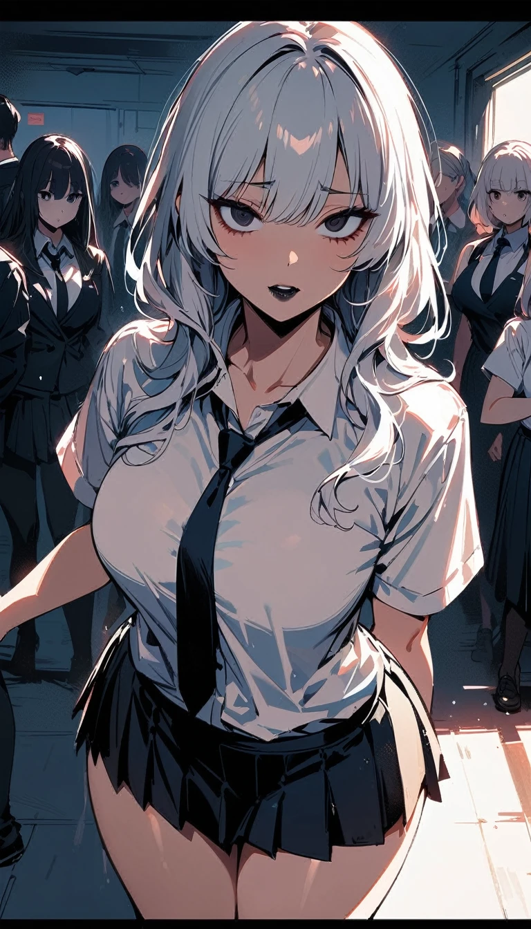 ( High quality, 8k, 4K, High contrast, :1.2, High quality, improved aesthetics ), (( a Yandere woman )), ??????, Sensual, mature body with breasts and big butt , super detailed, beautiful and detailed face, Beautiful and detailed eyes, detailed and beautiful mouth , corpo sexy, perfect breaths , perfect wide thighs , ( black and white hair ), (Crazy dark black eyes), (Black Lipstick), ( Obsessed facial expression ), (white shirt, black tie, short black pleated skirt ), (Schoolgirl), (standing), (centered) , ( Looking at the intimidating spectator ), (empty classroom) ( obsessed crazed eyes ) (Sick look )