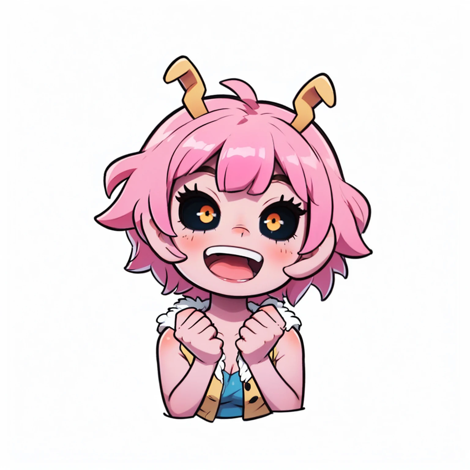 mina ashido, pink hair, 1girl, short hair, uhd, 4k, face detail, eyes detail, only_head, head_only, white background, solo, happy face expression, kawaii, chibi, upper body, circle frame, smiling , open mouth, vivid colors, ashido_mina, colored skin, pink skin, colored sclera, black sclera, ashidomina, horns, clavicle, bare shoulders, cleavage, fur trimmings , vest, jumpsuit, bodysuit
