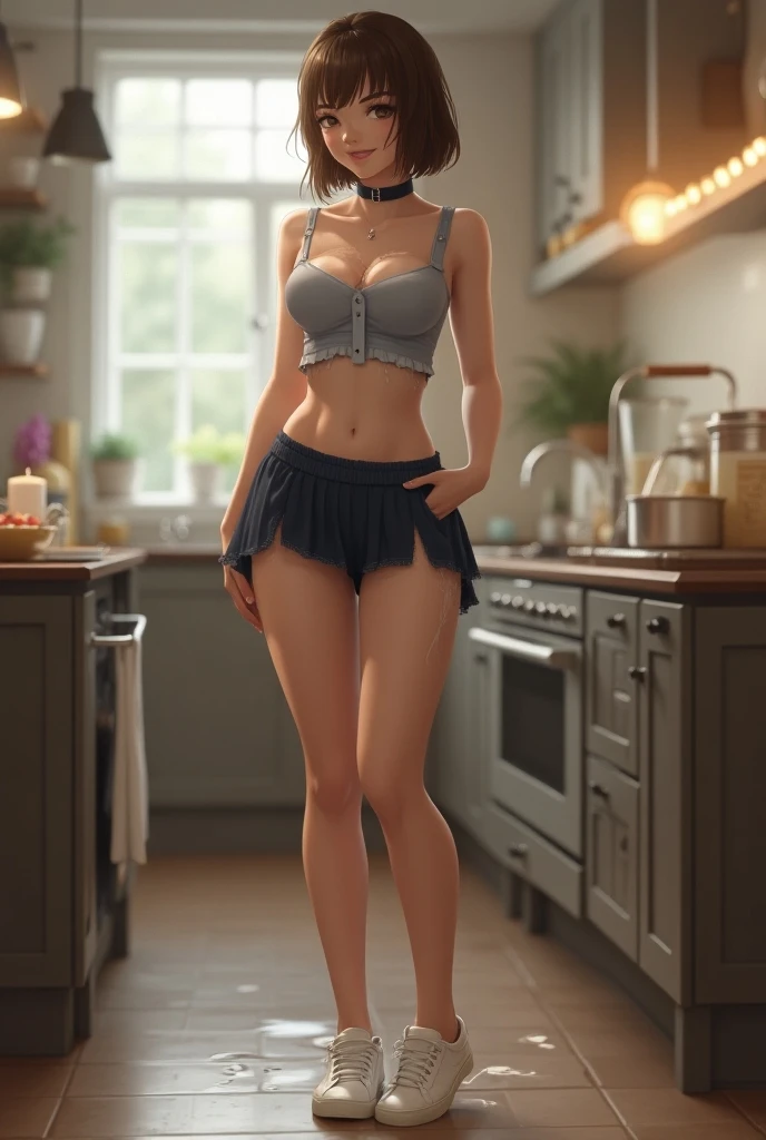 ((brown hair, blue eyes, big breasts, freckled breasts, short hair )) pixar mom, attractive woman, mature woman, Ultra high detail, Erotic, looking towards the camera, big breasts, thick lips, big hip, sexy red dress, great cleavage, red heels, red skirt, checkered stockings, apron