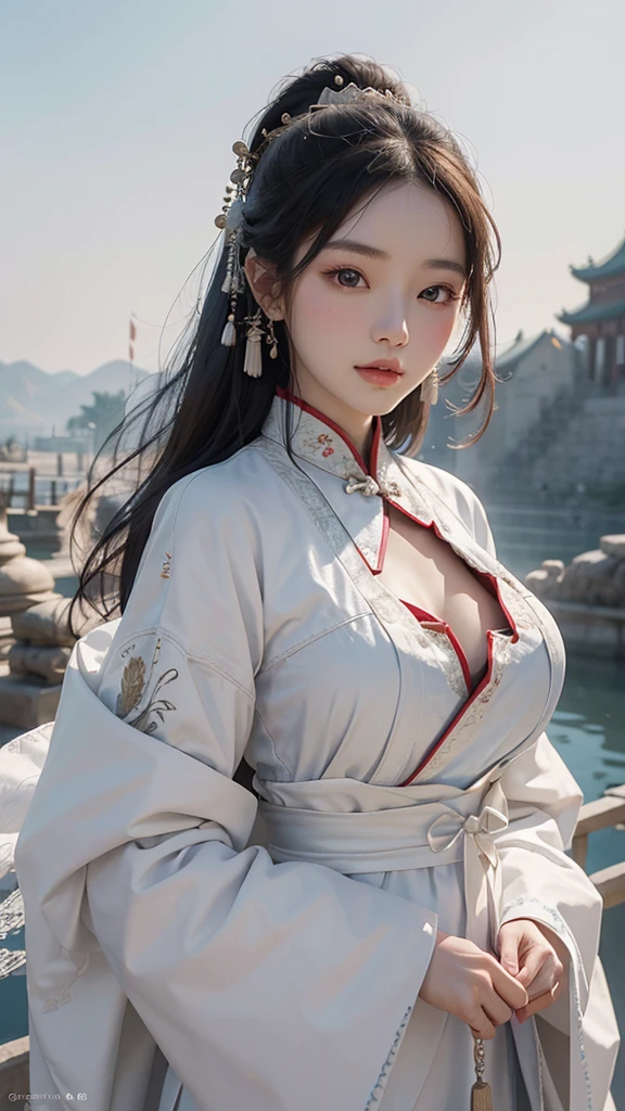 Change，(((hanfu)))，(((period clothing)))，Tang and Song court costumes，(((huge moon)))，sitting，(((the dragon king&#39;s daughter)))，sky sky，sitting position，Top CG，Highest image quality，masterpiece，Delicate and delicate beautiful girl，(high and high)，Royal sister，Queen temperament，fair skin，(((long legs)))，perfect facial features，Bright Eyes，charming pose，red lips，Beautiful and cold， (big breasts),beautiful and handsome，long black silk hair，shiny，Skin can be seen through perspective，(((Floral Dress)))，8K quality，(Realistic portrait)，The figure fills the entire frame，((facial lighting))