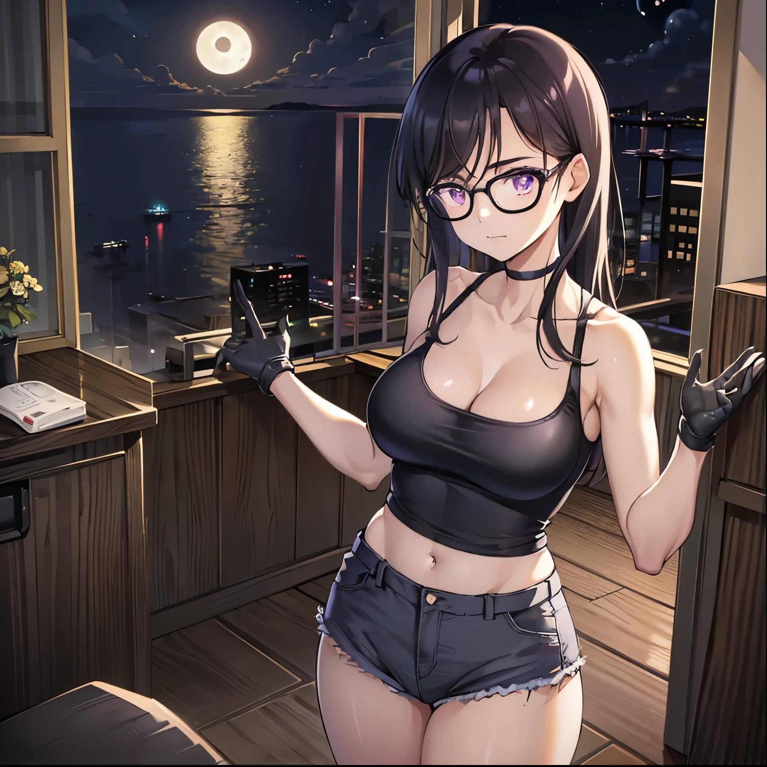 ((1 girl)),((alone)), hizuru minakata, Masterpiece, Ultra detailed, detailed background, sharp focus, curvy body, looking at viewer, perfect fingers, mature woman, cowboy shot, dynamic pose, hair long, black hair, black glasses, purple eyes, smiling, seductive, standing, black choker, choker, (bare shoulders, , indoor, night, moon, window, beach view, hotel room, Sea view: 1.5, Clouds :1.5), black tank top, neckline, bare shoulders, exposed navel, black gloves, denim shorts, short shorts, bare legs, black shoes, large breasts, medium waist, medium hips, wide thighs, round butt, (( alone)),standing, looking back,from behind,((focus on ass)), pov (from below), perfect anatomy, perfect hands