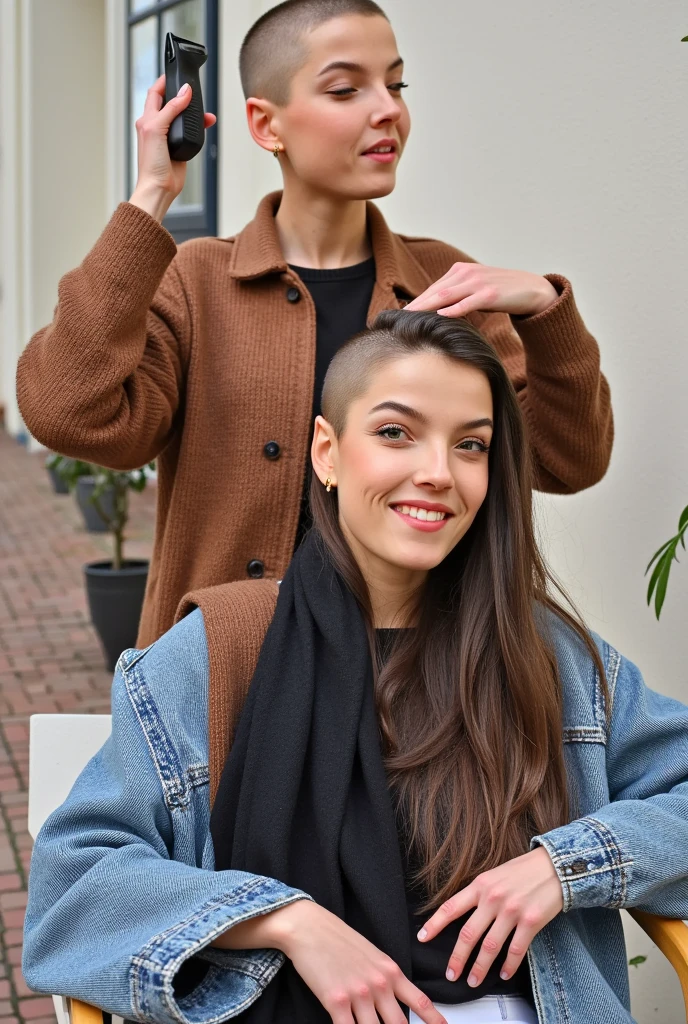 2 women, ((one bald woman her head is shaved completely bald to the skin which is pale)). (she is holding hair clippers which are shaving the other woman's head, hair has been shaved using them to shave the head of the other woman)). The other woman has (half a head of very long hair the other half of her head is bald).
