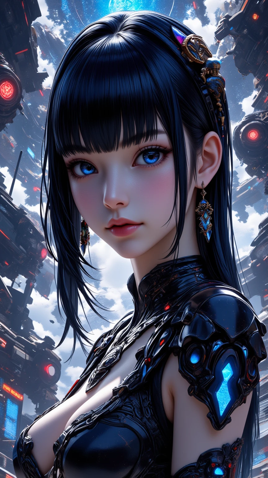 ((best quality)), ((masterpiece)), (detailed), perfect face of cyberpunk mecha japanese girl, young, pure, pale, face blush, shiny black eyes, shiny black body, shiny black hair, ((monochromatic black color palette)), surreal, art nouveau, in the illustrative style of moebius, spaceships, aliens, fantasy, sci-fi, graphic novel, line drawing, french retro, bizarre, gallery worthy, work of uncanny art, goth_punk, Neon light, Iridescent eyes, Black shimmering hair, Black eyebrows, Radiant hair, blunt bangs, Red Eyes, hair adornments, Look at viewers, short hair, side locks
