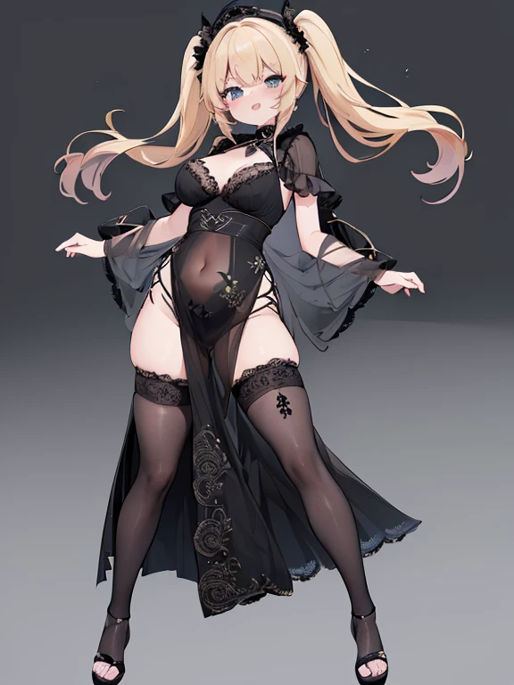 ((4K, masterpiece, Highest quality)),1 girl,witch,light blondehair,long twintails,Blue eyes,(plump thighs),chubby,((chibi,li)),(full body:1.3),half-closed eyes, wearing a smug expression, open mouth, grin smug,(side high slit:1.5),(see-through:1.3,fine lace),(all black costume with black embroidery:1.4),big hair ornament,(lace stockings,lace glove:1.2),👠,Clothes fluttering in the wind,(tight fitting:1.3),sleek and minimalist long one-piece with a square neckline and a low back for a sophisticated style