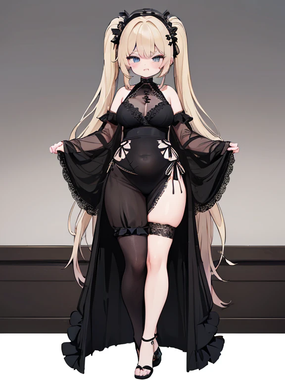 ((4K, masterpiece, Highest quality)),1 girl,witch,light blondehair,long twintails,Blue eyes,(plump thighs),chubby,((chibi,****)),(full body:1.3),half-closed eyes, wearing a smug expression, open mouth, grin smug,(side high slit:1.5),(see-through:1.3,fine lace),(all black costume with black embroidery:1.4),big hair ornament,(lace stockings,lace glove:1.2),👠,Clothes fluttering in the wind,(tight fitting:1.3),sleek and minimalist long one-piece with a square neckline and a low back for a sophisticated style