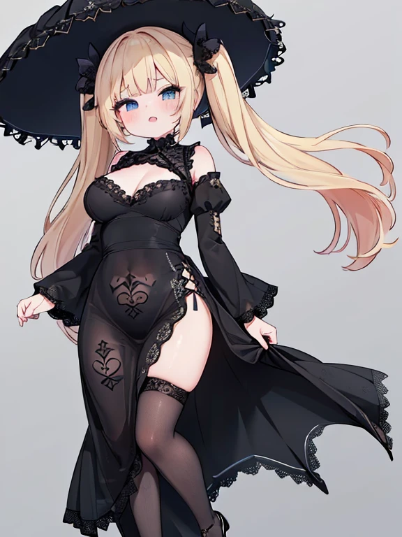 ((4K, masterpiece, Highest quality)),1 girl,witch,light blondehair,long twintails,Blue eyes,(plump thighs),chubby,((chibi,****)),(full body:1.3),half-closed eyes, wearing a smug expression, open mouth, grin smug,(side high slit:1.5),(see-through:1.3,fine lace),(all black costume with black embroidery:1.4),big hair ornament,(lace stockings,lace glove:1.2),👠,Clothes fluttering in the wind,(tight fitting:1.3),sleek and minimalist long one-piece with a square neckline and a low back for a sophisticated style