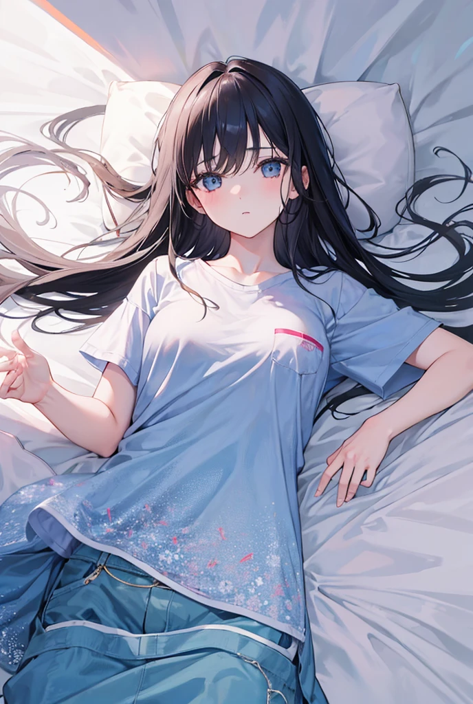 8k, (ultra-detailed:1.3, master piece:1.3, best quality:1.3, high resolution:1.3), 18year old, High school students, 1 person, a girl, beautiful face, large and beautiful breasts, Blue eyes, eyes in highlight, catch light eyes, specular highlight eyes, BREAK (long hair, black hair, messy hair), BREAK (black Cashmere short, white t-shirt:1.2), erect nipples, BREAK collarbone, (overhead view), cowboy shot, (no hat:1.3), white bed, ((embarrassed face, blush), lying on bed, arms raised in the air, spread your legs apart),