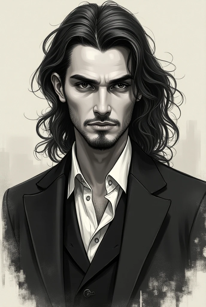 ((A 34-year-old white man)), ((dark brown hair with purple tips combed back)), ((purple eyes and a full beard)), ((scars on the right side of the lip, another on the right eye and one on the left side of the forehead)), ((black overcoat and red dress vest underneath)).