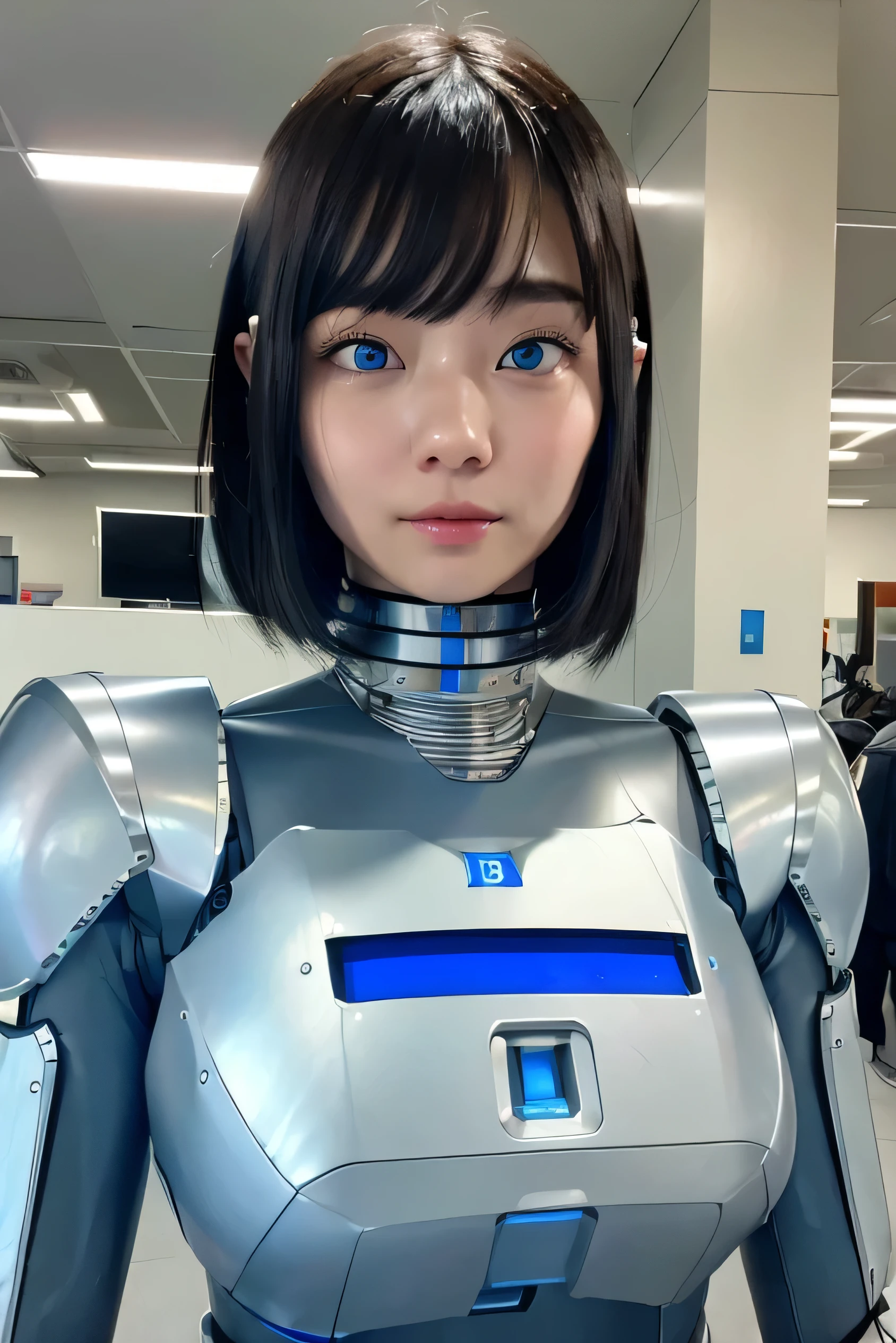 masterpiece, best quality, extremely detailed, Japaese android girl,portrait,Plump,a bit chubby,control panels,android,Droid,Mechanical Hand, Robot arms and legs, Black hair,Blunt bangs,perfect robot girl,long tube,thick cable connected her neck,android,robot,humanoid,cyborg,japanese cyborg girl ,robot-assembly plant,She is assembling now,assembly scene,blue eyes,chest monitor,hypnosis,blank eyes