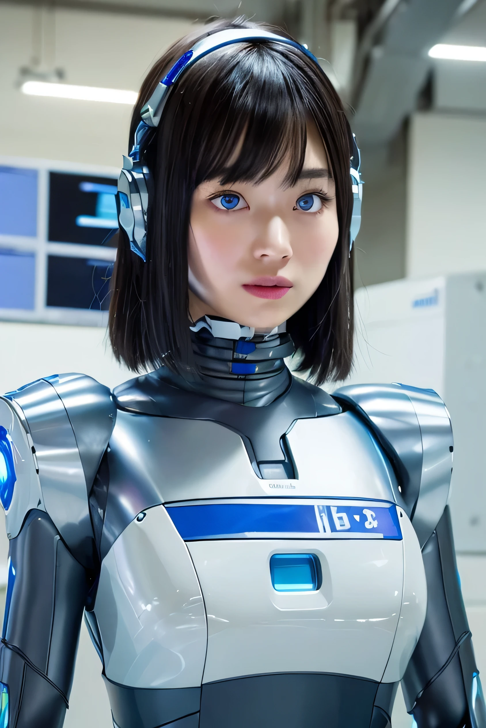 masterpiece, best quality, extremely detailed,  Japaese android girl,Plump , control panels,android,Droid,Mechanical Hand, Robot arms and legs, Black Robot Parts,Black hair,Mechanical body,Blunt bangs,White robotics parts,perfect robot girl,future information counter,reception,long tube,thick cable connected her neck,ceramic body ,mechanical body,mechanical costume,android,robot,humanoid,cyborg,information office,japanese android receptionist ,mechanical chest,blue eyes,office-lady