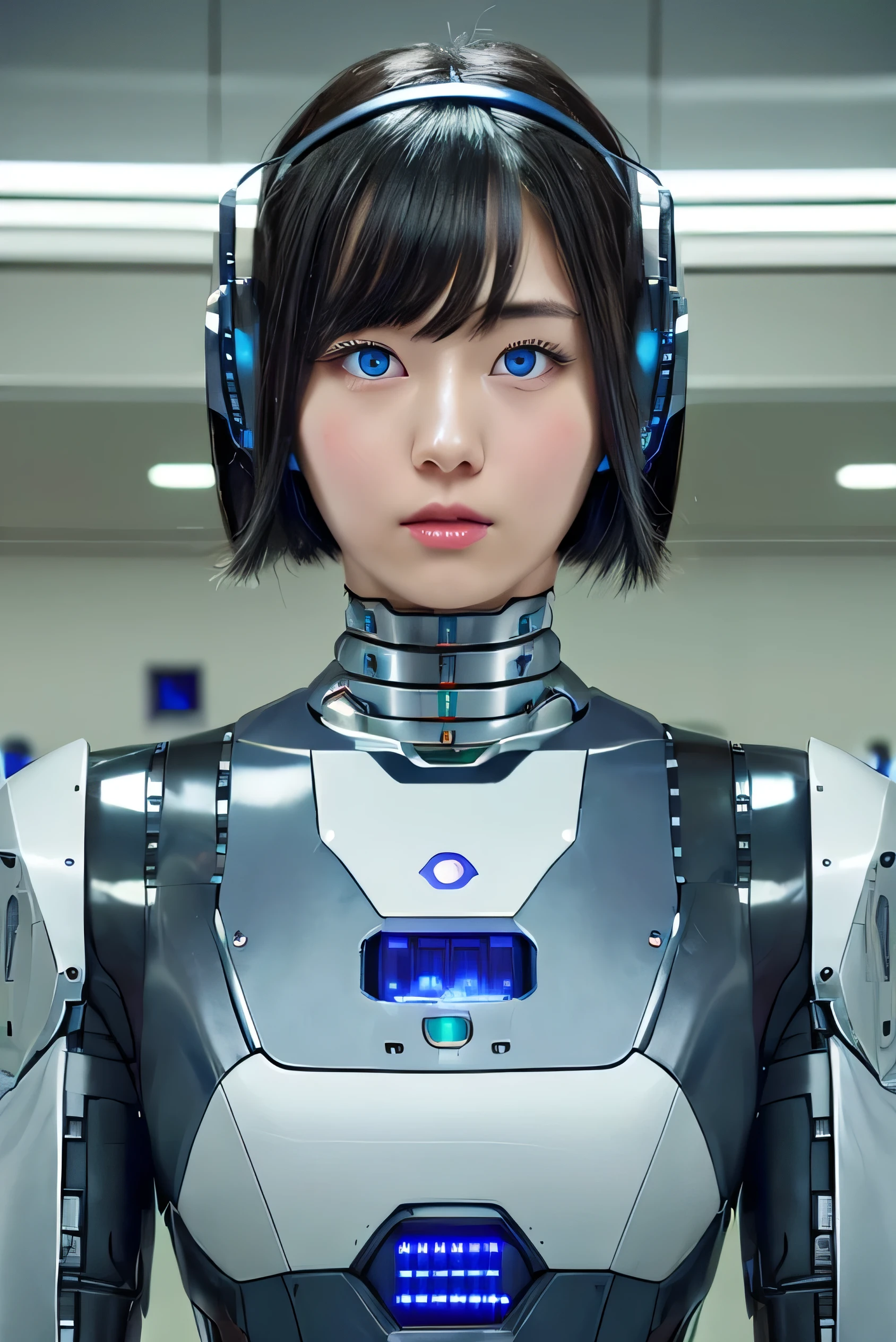 masterpiece, best quality, extremely detailed,  Japaese android girl,Plump , control panels,android,Droid,Mechanical Hand, Robot arms and legs, Black Robot Parts,Black hair,Mechanical body,Blunt bangs,White robotics parts,perfect robot girl,future information counter,reception,long tube,thick cable connected her neck,ceramic body ,mechanical body,mechanical costume,android,robot,humanoid,cyborg,information office,japanese android receptionist ,mechanical chest,blue eyes,office-lady