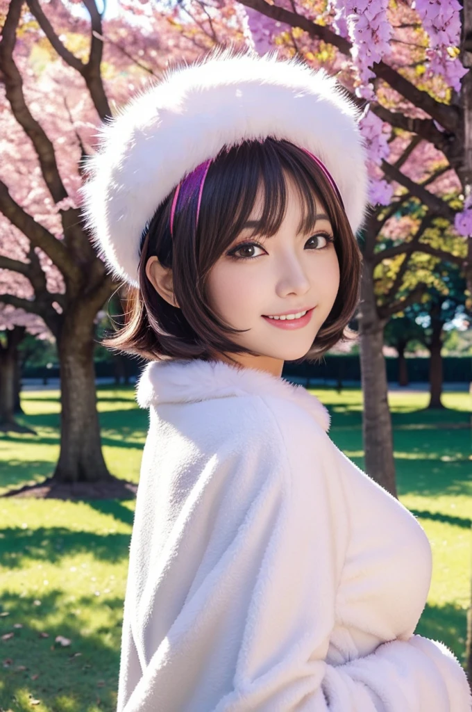 beautiful sexy idol, (-anime), only 1 idol, very short hair, beautiful smile, lipgloss, long lashes, defined eyebrows, detailed anime cosplay, fluffy fur outfit, cosplay accessoires, small headpiece, vivid colors, look at the camera, photo shoot pose, cinematic light, large park background with trees