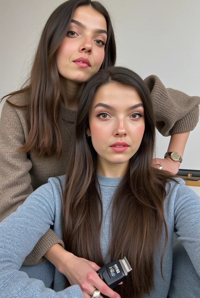 2 women, ((one bald woman her head is shaved completely bald to the skin which is pale)). (she is holding hair clippers which are shaving the other woman's head, hair has been shaved using them to shave the head of the other woman)). The other woman has (half a head of very long hair the other half of her head is bald). They are both looking at the viewer.
