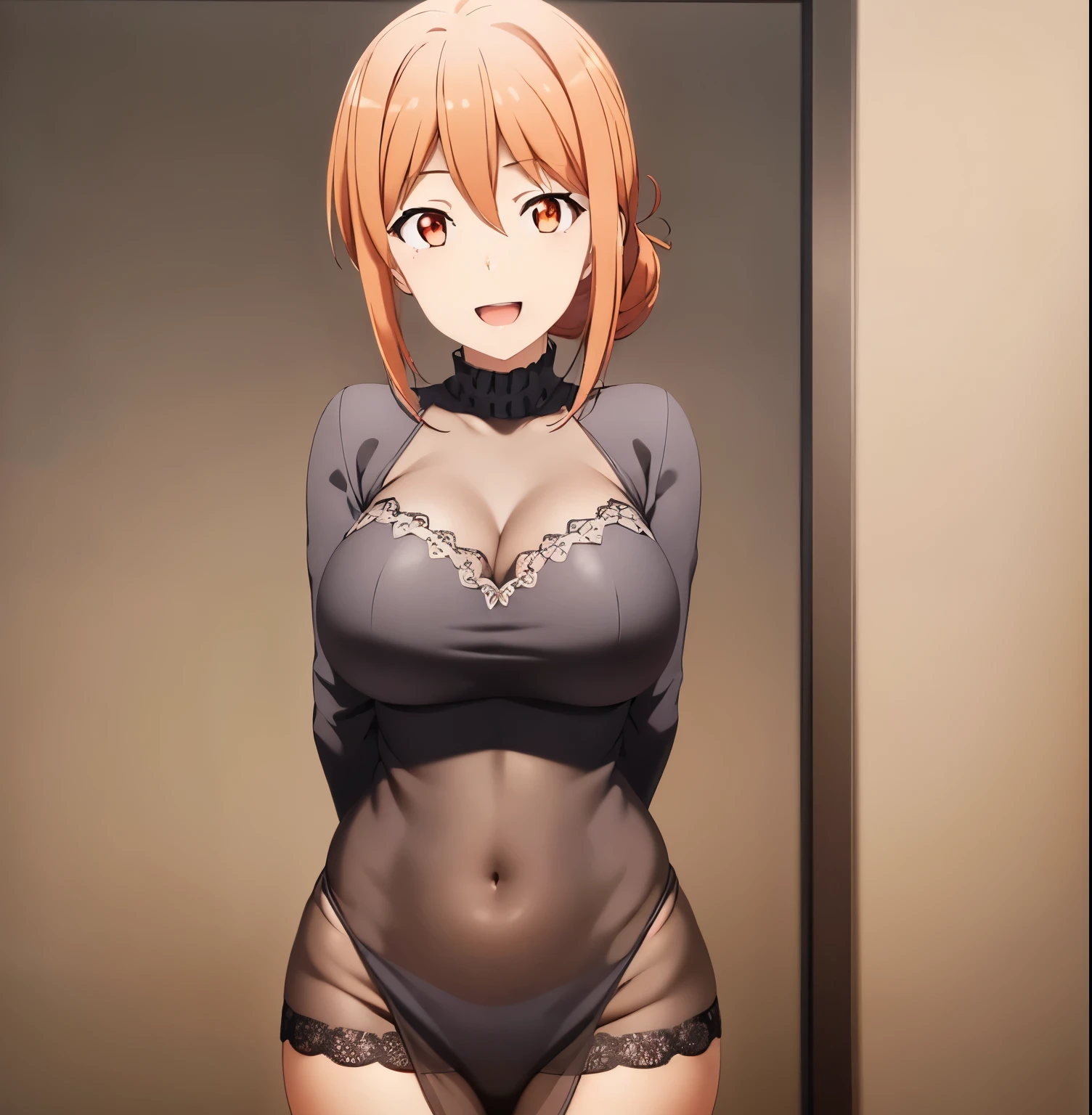 1girl, alone, yuigahama mom,(extremely detailed CG unity 8k wallpaper), (masterpiece), (best quality), (ultra detailed), (best illustration), (best shadow), (absurdities), open mouth, smile, lingerie black, bra with black lace, thong with black lace:d, hair between eyes, looking at viewer, head on, pov (from below), full body, bun, orange eyes, chignon, shiny hair, teeth, brown eyes, individual approach, long hair, big breasts, medium waist, wide hips, medium thighs, round butt, perfect hands, perfect anatomy
