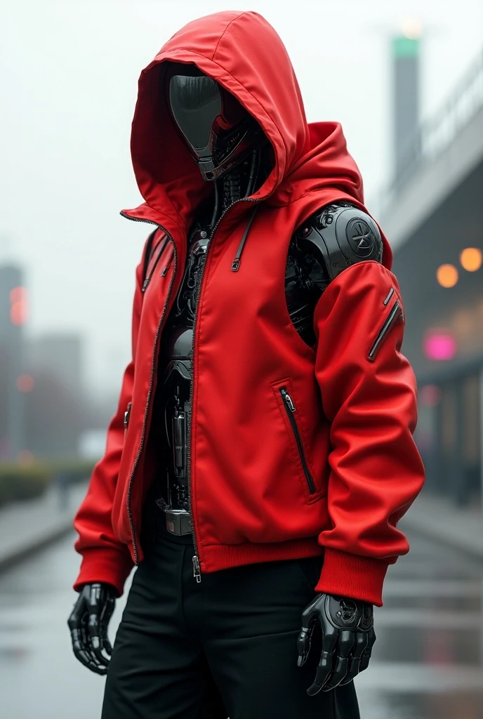 a robot wearing a red sleeveless hooded jacket and black pants 