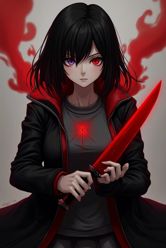 A chevron with a dolphin and the inscription KFPO on the shoulder of a black-haired anime girl. she stands and holds a katana in her hand, the katana is covered with red paint that flows onto the floor. behind the girl there is a symbol with a black dolphin and the inscription KFPO. the girl is dressed in black chemical protection and has black gloves. creepy atmosphere. HD. STALKER
