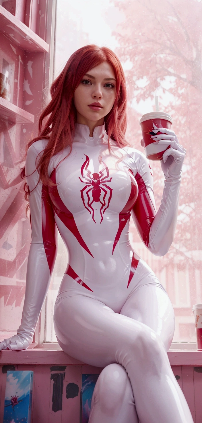  Erza Scarlet with red acebello in a white latex suit with pink with a painted pink spider is sitting on the window sill，holding a cup of coffee , - Erza scarlet, Erza scarlet, Erza scarlet, erza, Erza scarlet,  extremely detailed germ art ,  Style Art Jem , en el  Style Art Jem ,  Lois van Ross paintings ,  art styles jem ,  Just a joke ,  artger comics 