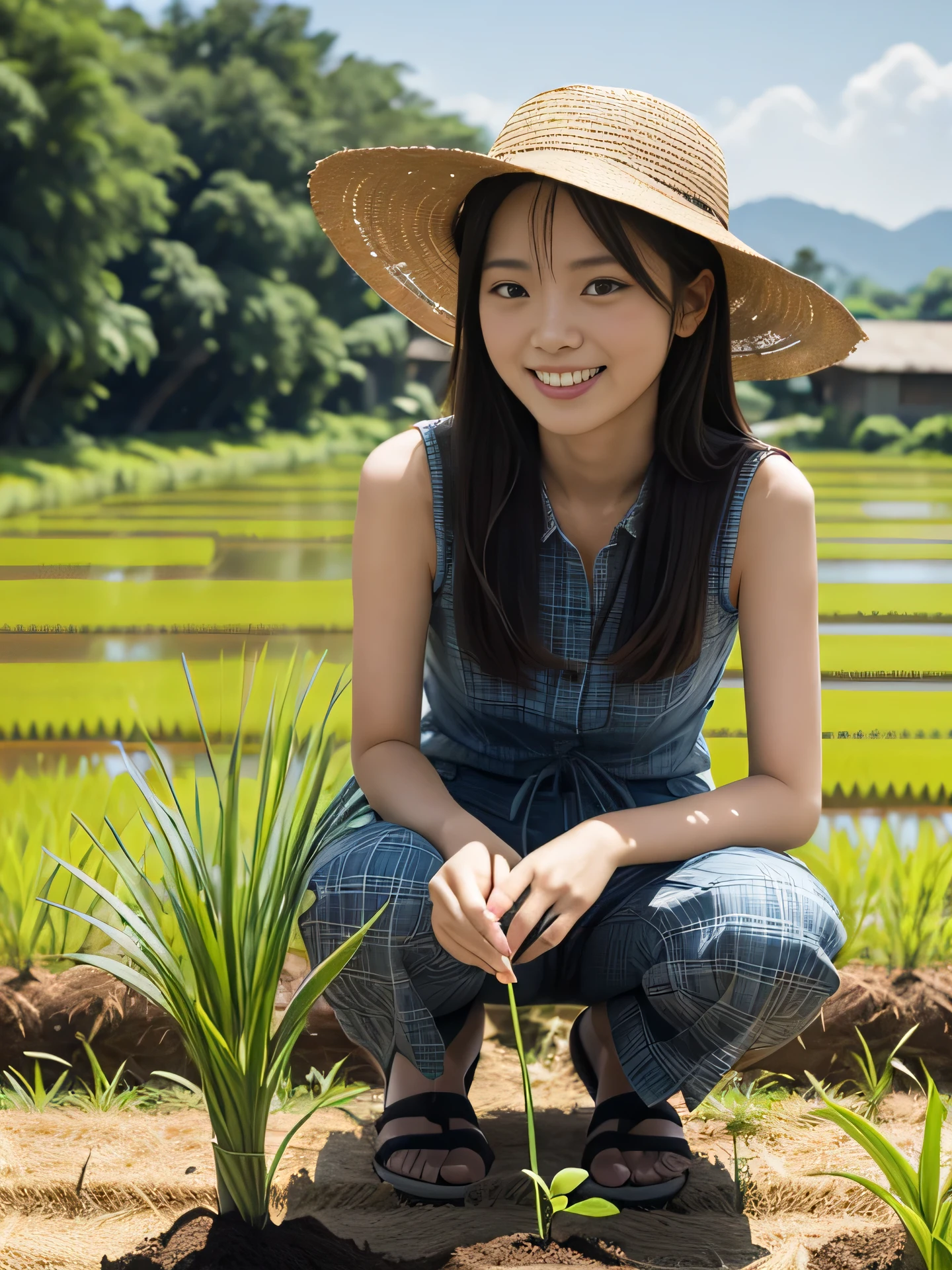 (((upper body shot))),(((sagging ))),Ultra-high resolution,big eyes,(brown eyes),Japanese,(forehead),(a girl),(1 girl),((18-year-old)),cute,pretty,((facing at viewer)),grin