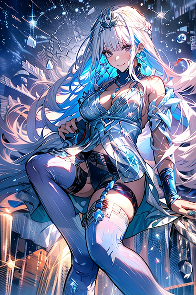  best quality, High image quality ,Masterpiece, adult woman,8 heads,Beautiful Skin, white skin, ,Happy smile,lh1, Hair accessories, Long Hair, royal icing, Tiara, plump thighs,Blue tights,(huge breast) ,Ice World, crystal ,fantastic sparkling background,Ice Feather