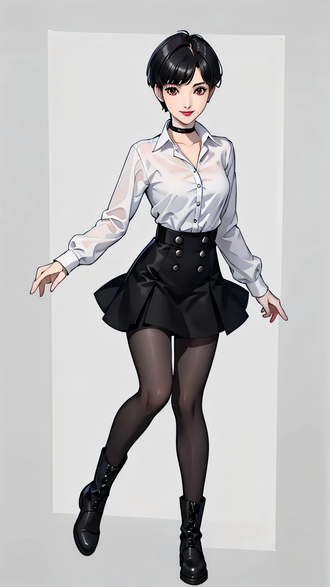 1 girl, very Short hair, black hair,tomboy Pixie haircut, red eyes, black lipstick, black choker, full body , button shirt, long tuve skirt, pantyhose, boots, front face, white background, front face, smile, 