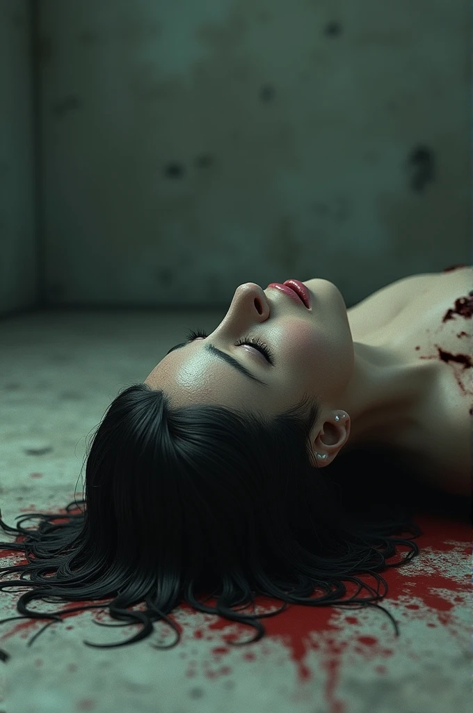 black haired topless thin woman, tattooed, killed, crushed belly, extra gore, realistic blood, too much blood, covered with blood, vomiting blood, bloody mess, bloody face, bloody mouth, bloody chest, bloody stomach, bloody body, flushing blood from mouth, lots of blood, extra blood, in abandoned building, blood on ground, at night