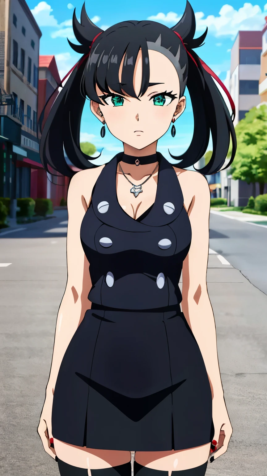 Marnie Pokemon, Marnie \(Pokemon\), blue-green eyes, green eyes, black hair, medium hair, asymmetrical bangs, black choker, red hair ribbon, earrings, black nail polish, medium breasted, (masterpiece, highest quality, highly detailed, 8k:1.2), Perfect eyes, detailed eyes, anime style, anime girl, digital anime art, anime style, official artwork, visual novel CG, beautiful anime girl, anime style 4K, (turtleneck sleeveless knit, pencil skirt, on the city street, necklace, earrings, knee-high stockings), (cowboy shot:1.2),