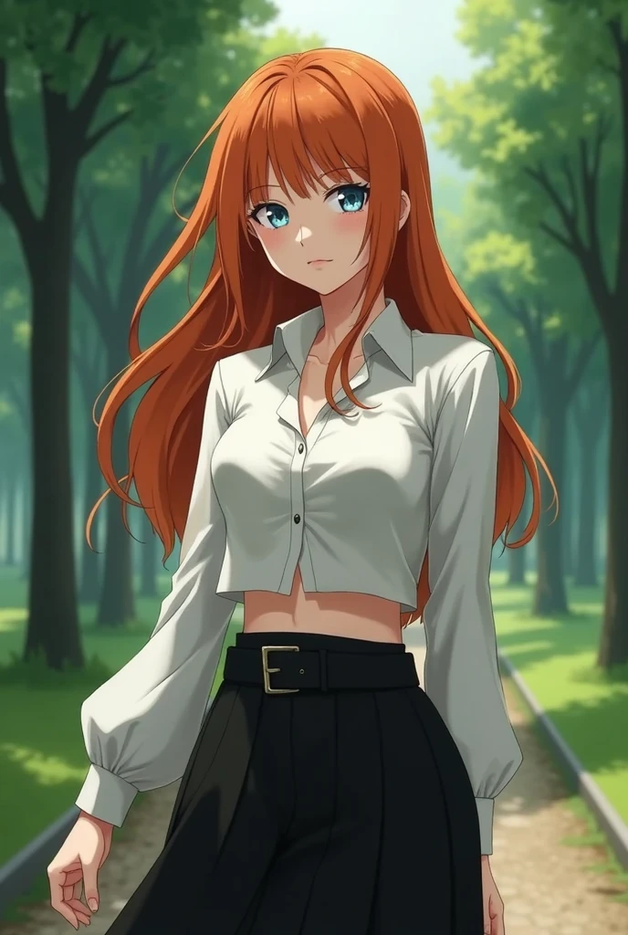 An anime girl with red hair and blue eyes wearing a skirt and an open shirt revealing a black and red bra