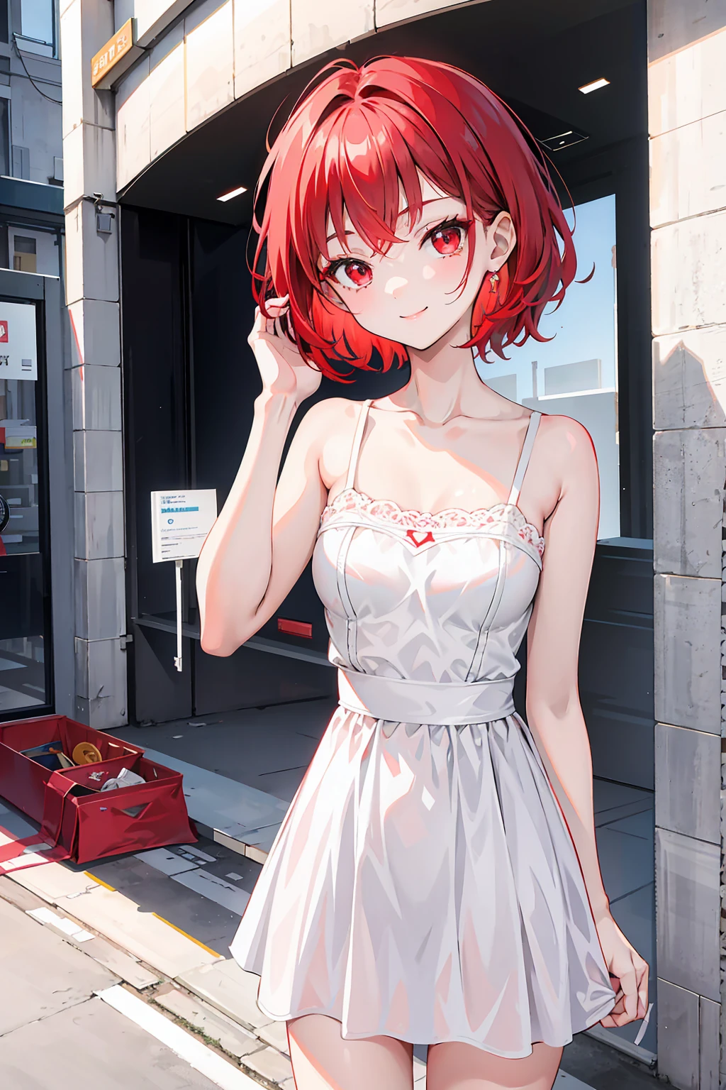 (masterpiece, best quality:1.2), <lora:kallentest:1>, kallen stadtfeld, blue eyes, red hair, short hair, sundress, cowboy shot, dynamic angle, solo, 1girl, smile, blushing, looking at viewer, city street, daylight, dynamic pose,