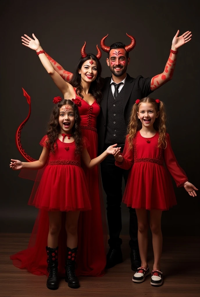 A family of four dressed in Halloween costumes, including a woman dressed as a devil, a girl dressed in red, a boy dressed in black and a man with face paint and a pumpkin accessory all of them happy and raising their hands