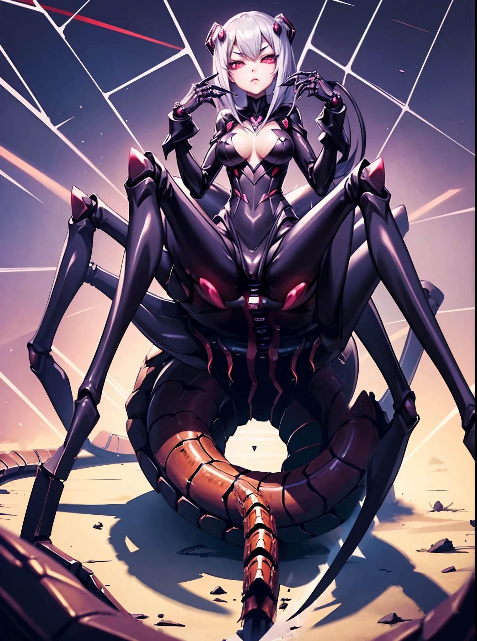 Arachne girl. mechanical Arachne. Glossy outfits. cyber style. Sharp claws. Spider. up image. Spider web.