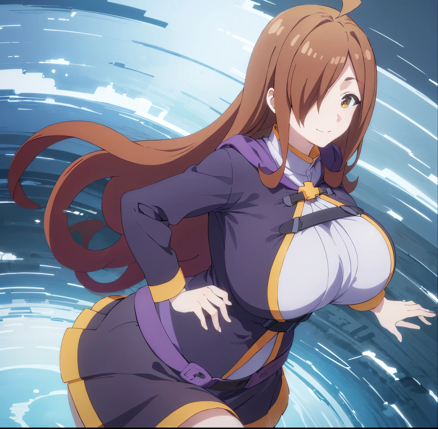 1girl, alone, Super huge breasts,plump,Whipped thighs,upper body, portrait, smile, ahoge, sidelocks, wide sleeves, hair over one eye, robe, long sleeves, looking at viewer,Heart mark in eyes,Females in heat,perfect quality, perfect,high quality,good quality, masterpiece, faultless,HDR, UHD