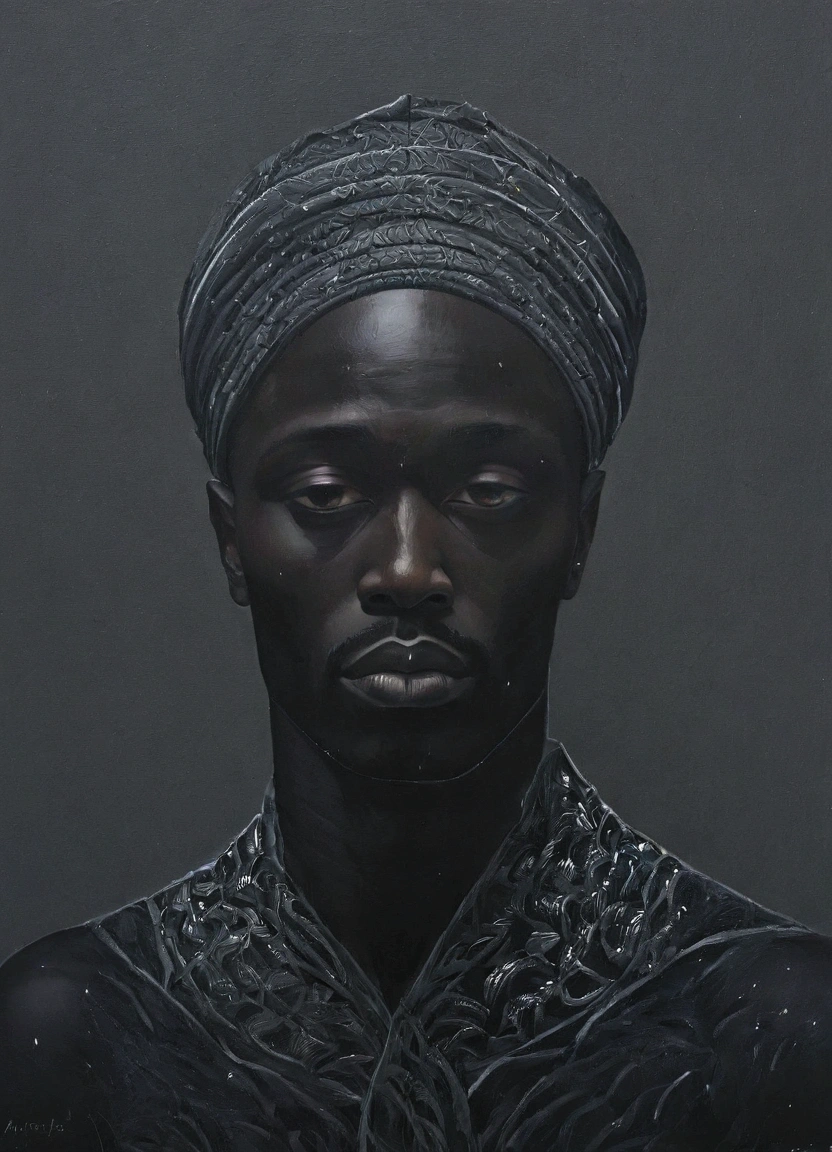 A dark-toned african figurative painting of a male figure, blending abstract and realism. The male figure is partially cloaked in shadows, with light softly illuminating parts of his form. Abstract shapes and patterns surround him, merging with his figure, symbolizing introspection and resilience, overlay Color curve，The color palette is moody with deep blacks, shades of charcoal, and hints of silver, creating a sense of depth and mystery. The artwork captures the beauty of the human form without overtly sexualizing it, using abstract elements to evoke a universal sense of inner strength and reflection."