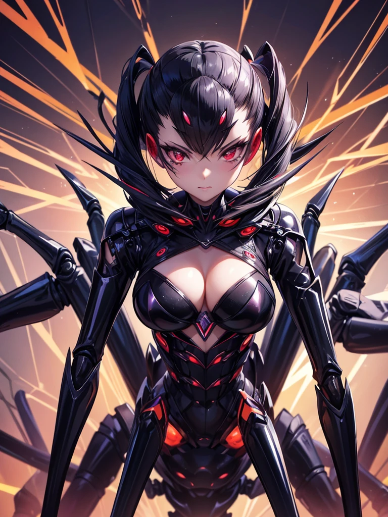 Arachne girl. mechanical Arachne. Two heads. Glossy outfits. cyber style. Sharp claws. Spider. up image. Spider web.