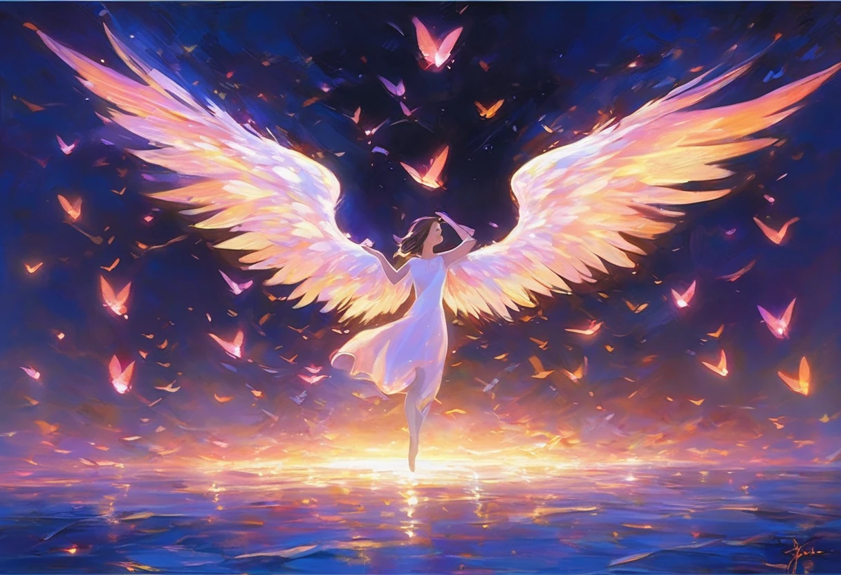 An amazing masterpiece painting of a set of wings stretched out surrounding the text "Too Much Love ?" , dynamic lighting, fine detail, best quality.