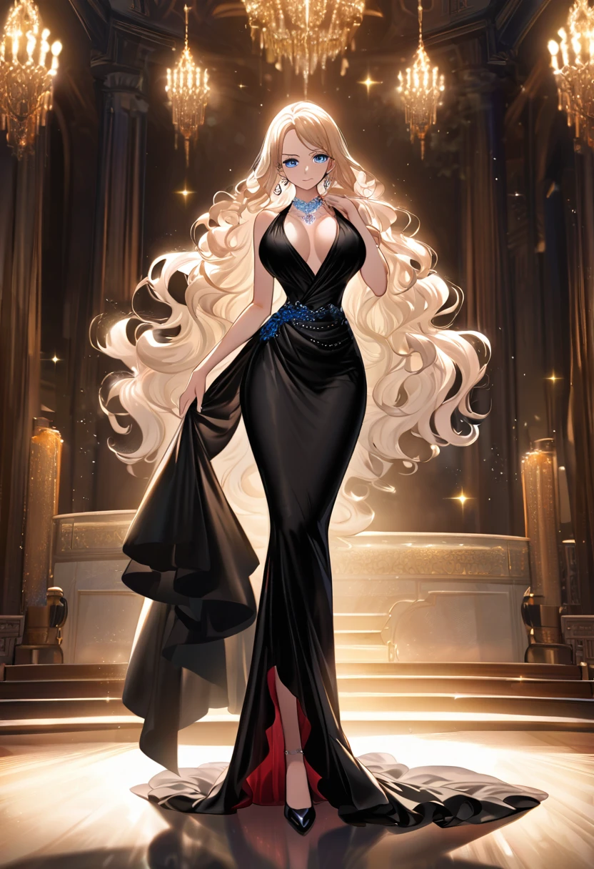  female character one piece , girl,  with long, wavy hair that cascades down to the waist ,  shines under the soft lights of the gala hall .  Her crystal blue eyes sparkle with a touch of mystery and confidence ,  standing out against the flawless makeup that accentuates her delicate features.  BIG BREASTS.  She wears a dazzling black dress I hope it falls , adjusted to her silhouette ,  highlighting her graceful posture .  The satin fabric shines softly under the lighting of the hall ,  while the cut of the dress enhances her curves in a subtle way ,  with a long tail that flows behind her .  She complements the look with a delicate diamond necklace ,  that rests at the base of her neck ,  and small earrings that shine at the slightest movement .  Her black satin heels echo light and elegant steps ,  and her presence steals attention ,  radiating charm and sophistication in the glamorous atmosphere of the gala.