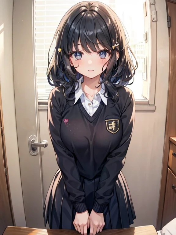 One Girl, solo,  On, (semi lomg hair:1.4),Black Hair, cute, 
smile,
sweat,  heart-shaped eyes ,  nedium breasts, 
Half-closed eyes,Curly hair , 
 viewer, From below, concentrated, 
Particles of light, My Room,
masterpiece, Best Quality,  anatomically correct, anime ,
viewing angle, Top girl, 
Whose,  school uniform(The color of the uniform is black),