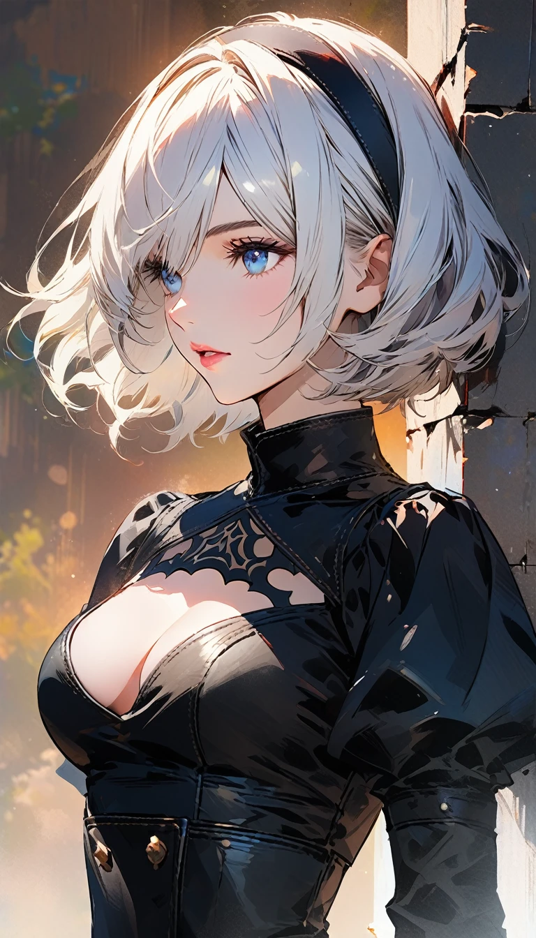 {(masterpiece,best quality, 16K portrait, UHD, extremely detailed the work, detailed beautiful face and eyes and skin and hair)}
BREAK {1 woman, 30-yo,(2B of Nier-Automa:1.2), (lightbrown-lightwhite colored hair:1.4, short cut hair), (medium mouth),(narrow and sharp eyes),(attractive blue-glay eyes:1.4),(left-eye hidden by bangs:1.2),(slender body),(small breasts:1.2),captivating lips}
BREAK {(Nier-Automata-2B costume:1.2),(cleavage between breasts:1.2),(hairband:1)}
BREAK {(profile:1.2),(cowboy-shot)}