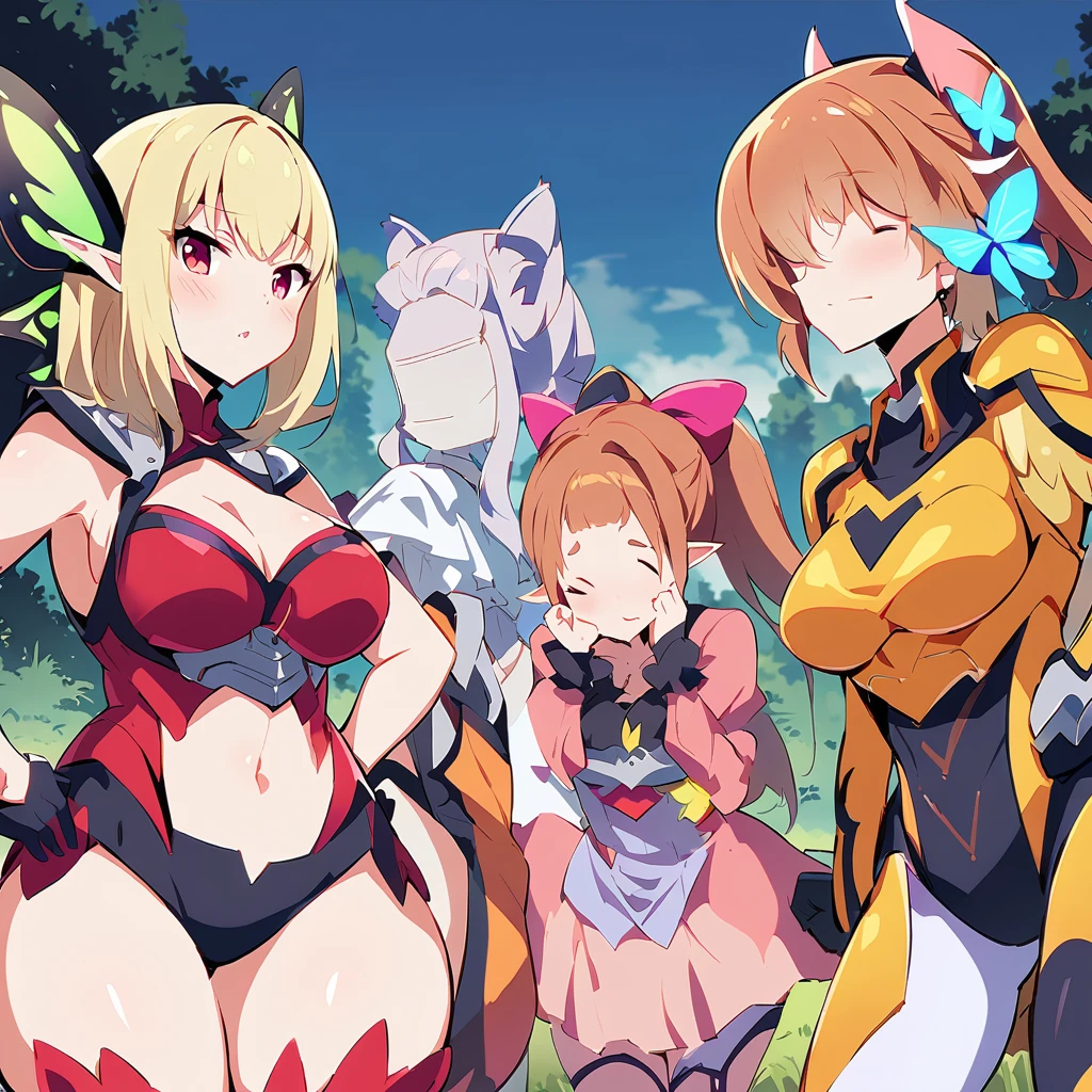 Anime, fairy girls, elf's ears, butterfly's wings, body-armor, detailed body-armors, curvy body, multiple girls,  girls surrounding