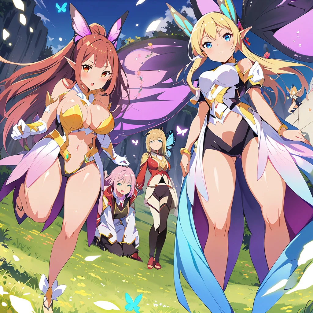 Anime, fairy girls, elf's ears, butterfly's wings, body-armor, detailed body-armors, curvy body, multiple girls,  girls surrounding