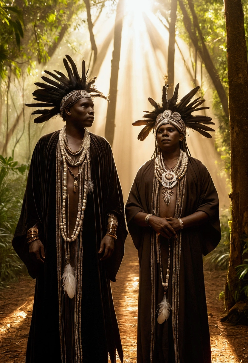 two men from a tribe, probably in Papua, Indonesia. They are outdoors, surrounded by tropical vegetation. Both are shirtless, looking elderly, and one of them wears a headdress adorned with feathers and other tribal elements. The man on the right is holding a mummy that appears to be that of an ancient tribesman. The mummy, dark-skinned and shrunken, is in the fetal position and dressed in traditional ornaments. The surrounding scenery is dense and green, revealing a tropical forest environment. The scene appears to capture a significant moment of cultural preservation.