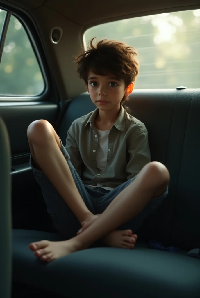 A 7-year-old Korean boy crying while sitting in the back seat of a car with his legs stretched barefoot