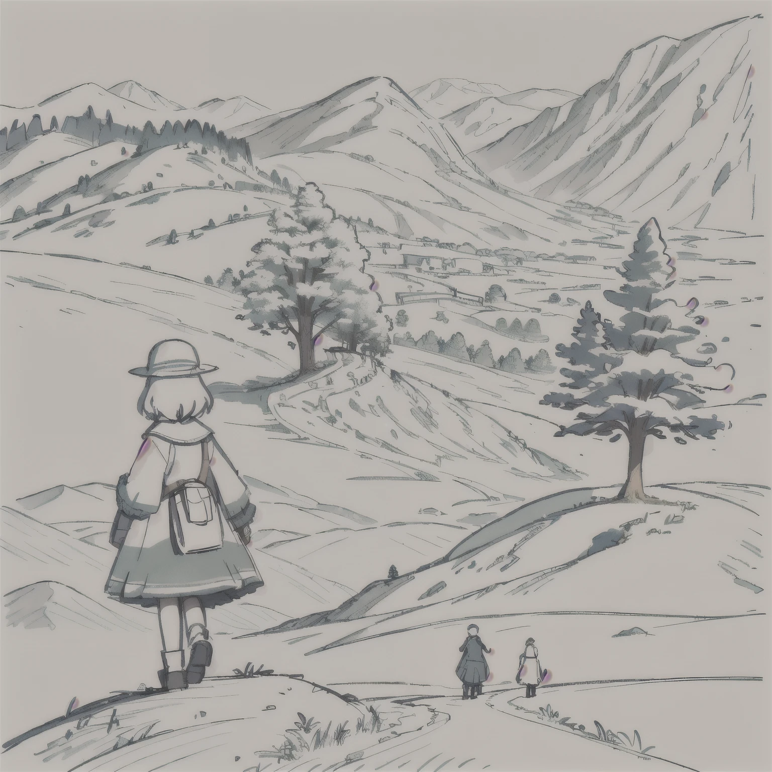 sketches of a drawing of a group of people walking on a hill, inspired by Edward Lear, hill with trees, flowing hills, concept art sketch, sketch of a lucid dream, hills and mountains, inspired by Charles Marion Russell, landscape perspective, concept piece, landscape illustration, concept drawing, downhill landscape, animation still, inspired by Slava Raškaj