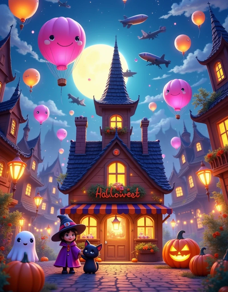 This image is a digital illustration of a city: a Halloween shop. The shop is located in the centre of the image,surrounded by skyscrapers and skyscrapers. The sky is blue and pink hot air balloons float above the shop. In front of the shop there is a little witch wearing a black magic hat and holding a black kitten in her arms,the little witch is smiling and wearing a purple magic cloak with a smiling pumpkin sitting under her buttocks,next to a few white cute ghosts with big eyes and big smiles,in the far distance there is a big yellow moon,and next to the moon there are airships and mysterious planes passing by,and there are also little magical witches riding brooms flying in the sky. Purple atmosphere,revealing the environment of the weird and mysterious,the 's lovely