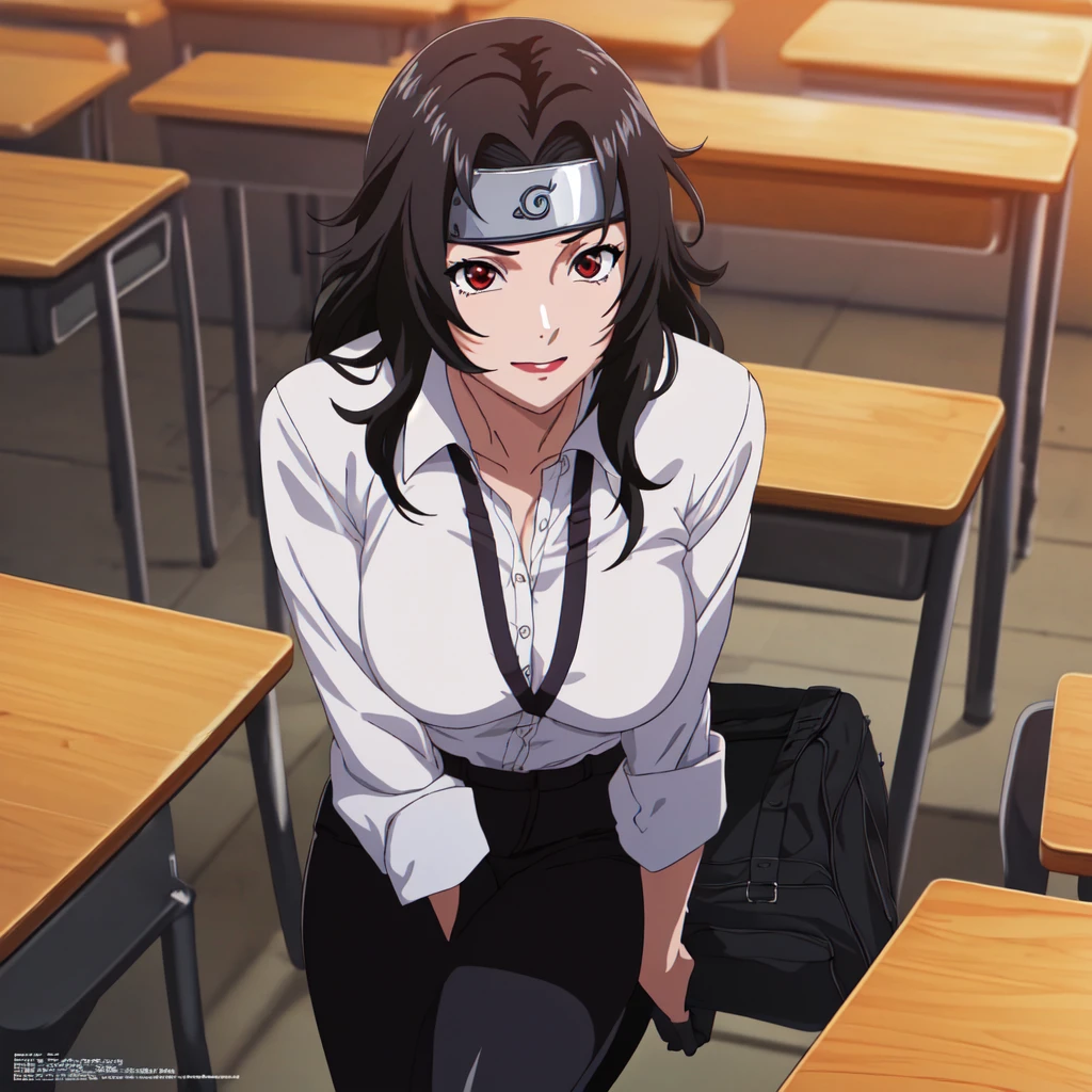 Office, lens flare, depth of field, bokeh, vanishing point, solo, looking at viewer,((masterpiece, best quality)), BREAK 
1girl, black hair, forehead protector, long hair, konohagakure symbol, red eyes, headband, makeup, lipstick, score_9, score_8_up, score_7_up, rating_explicit, masterpiece, best quality,high quality,highres,very aesthetic, absurdres, high detailed,optimal lightning,4k,8k wallpaper, source_anime, uncensored,official art, official style, megami magazine,BREAK,girl standing facing the side of a male,girl pressing chest against the another's arm, long hair, brown, 1girl, solo, office lady, in black leather pants, medium hair, collared shirt, denim shirt, sleeves rolled up, black leather pants, sitting, outdoors, on classroom, smile, perfect anatomy
, High Resolution, black leather blazer
,disappointed,embarrassed,BREAK,1male,faceless male,standing,clothed,BREAK,from above,alley,